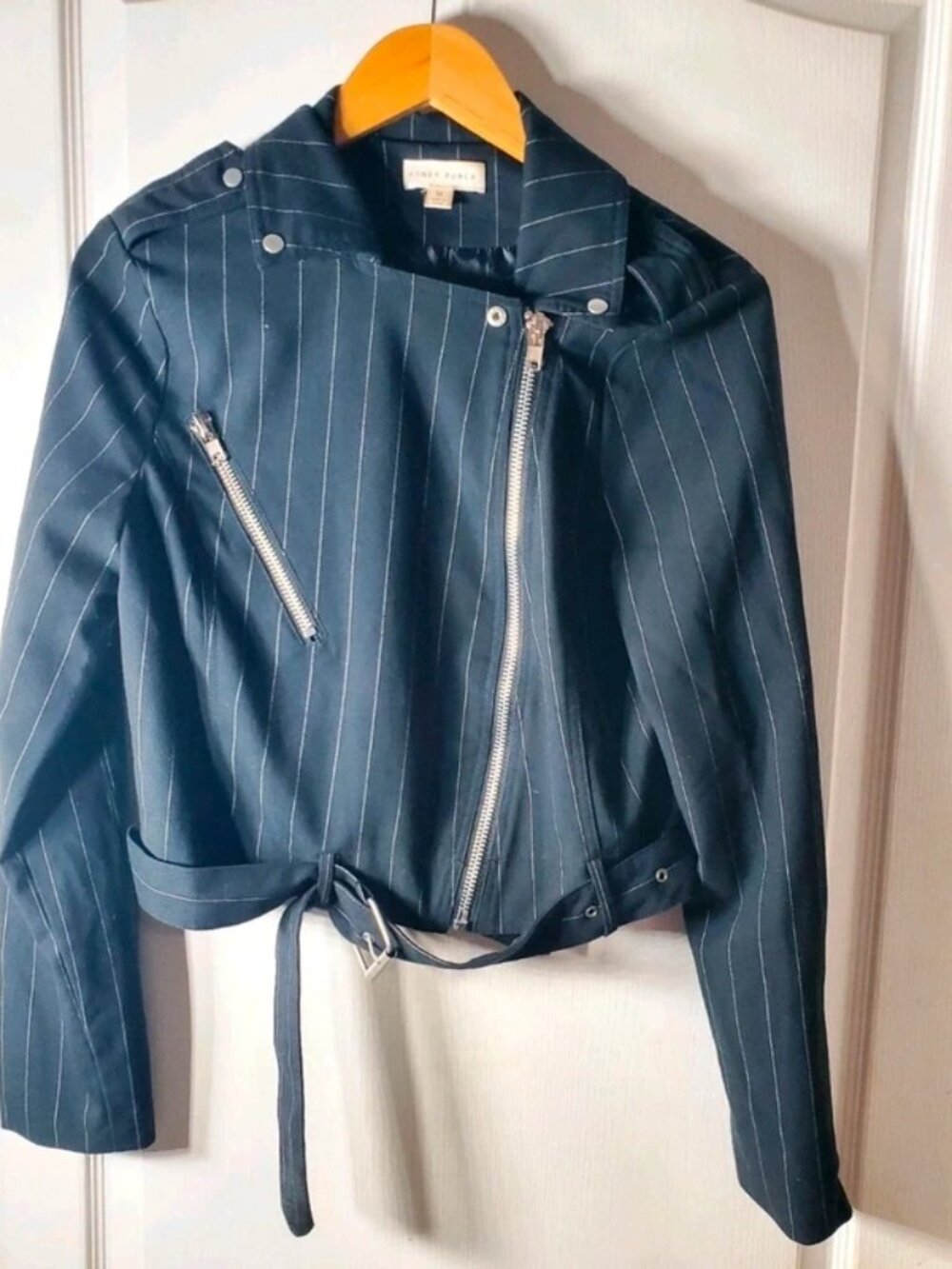 Honey Punch black and white pin strip jacket with zippers and belt